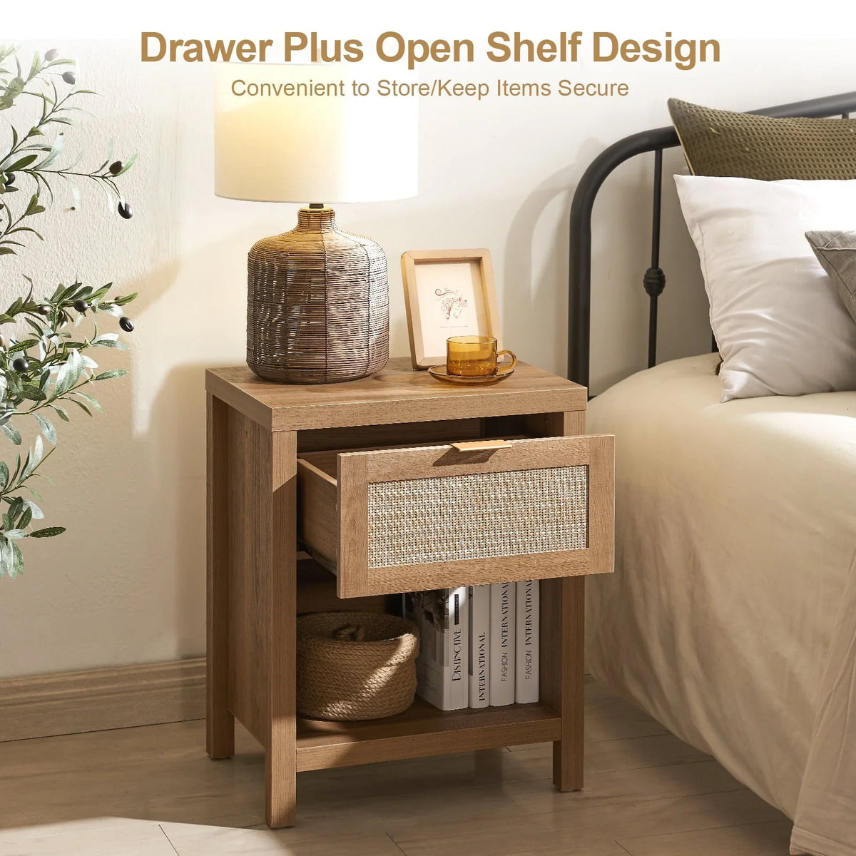 SICOTAS Rattan Nightstand with Drawer and Storage Bedside Table End Table Side Table Accent Table for Bedroom Living Room
