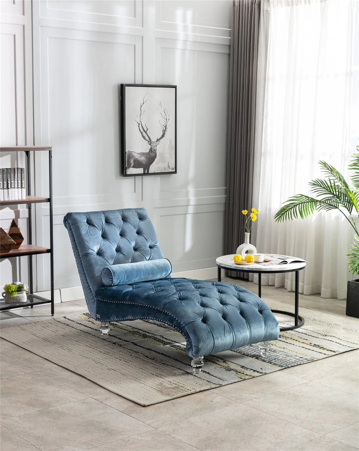 Velvet Chaise Lounge Chair, Modern Button Tufted Lounge Chair with Acrylic Legs and Nailhead Trim, Upholstered Sleeper Chair with Toss Pillow for Living Room Bedroom, Purple