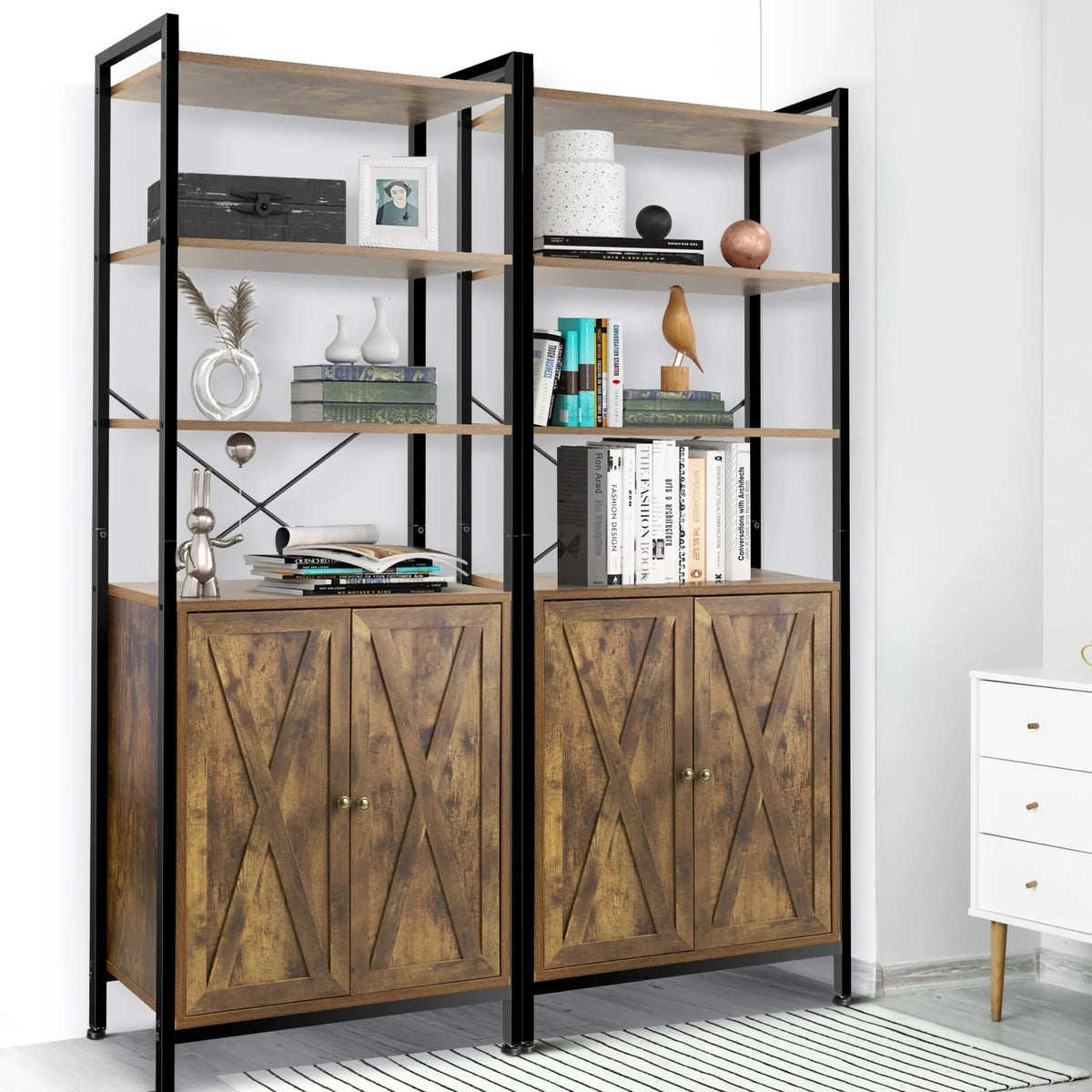 MONVANE Farmhouse Bookshelf and Bookcase with Doors, Crosshatch Design, 4 Shelves, Light Grey