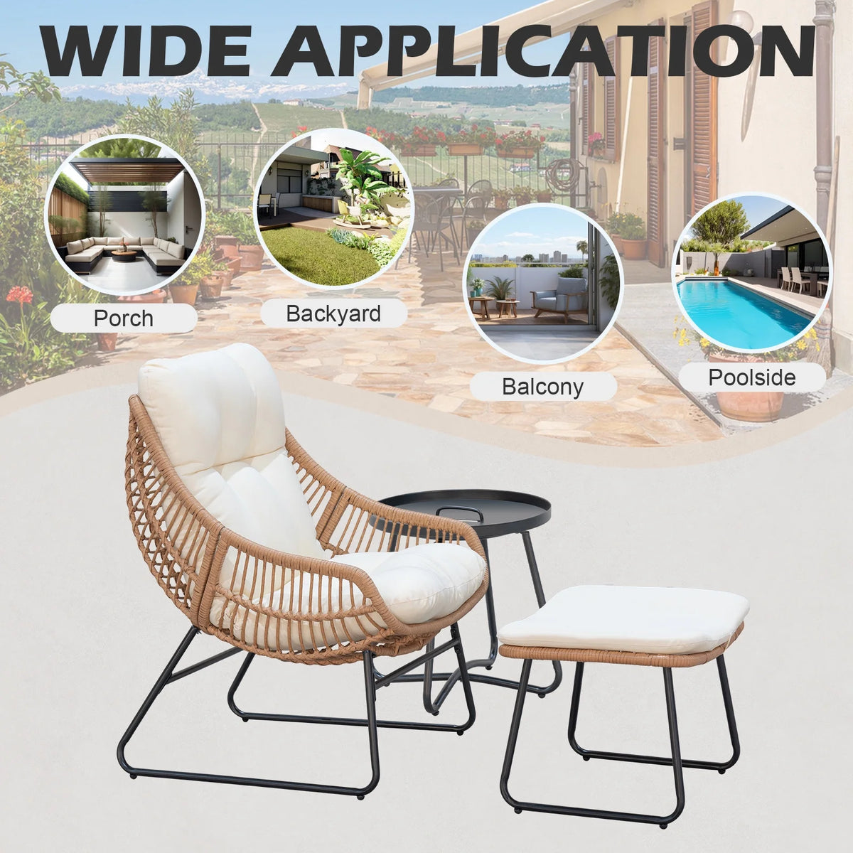 Tappio Wicker Papasan Egg Chair with Ottoman, Outdoor Patio Basket Lounge Chair Indoor Oversized Egg Lounger with Thick Cushion for Living Room Bedroom Balcony Porch, Black