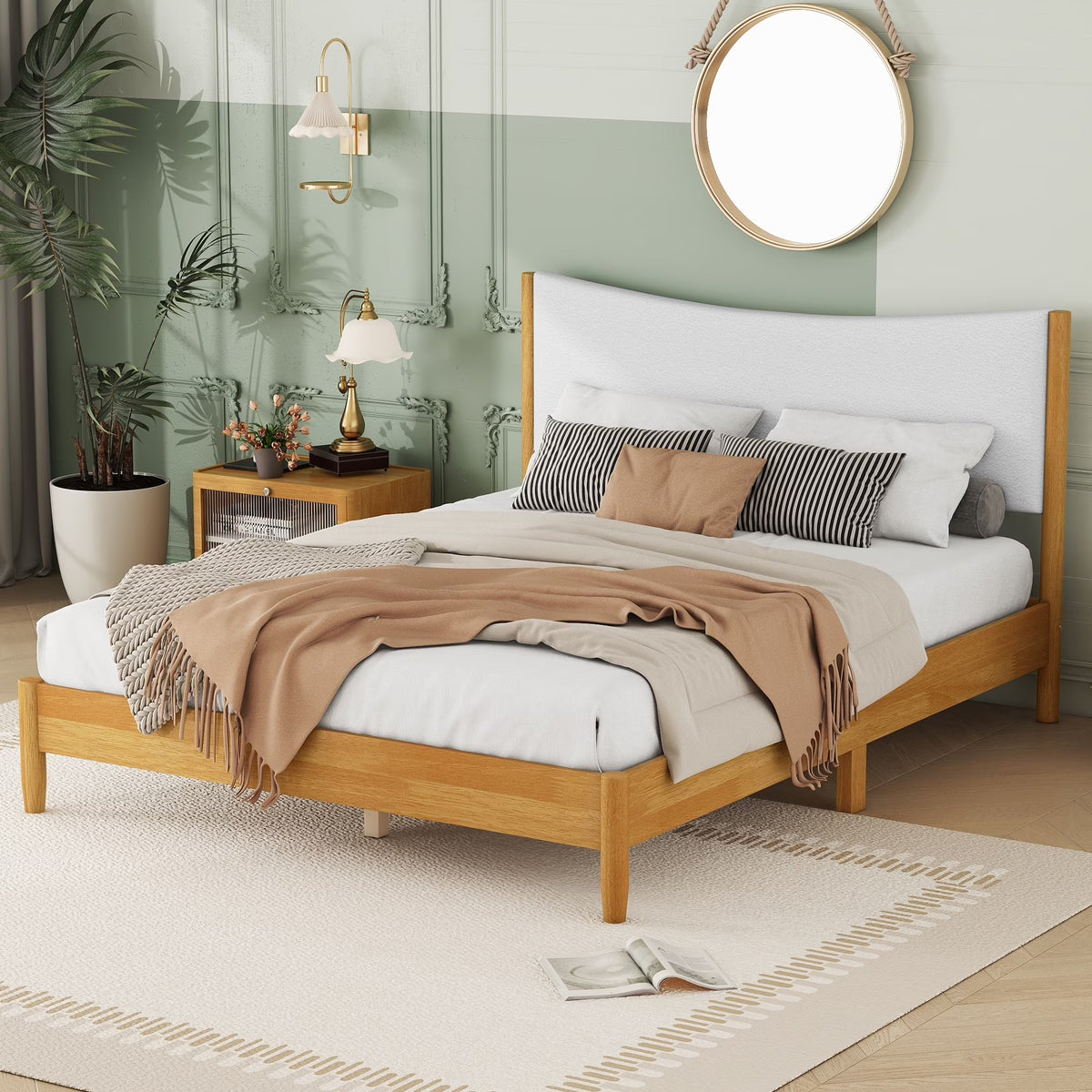 Miniyam Wood Queen Size Bed with with Rattan Headboard for Adult, Brown