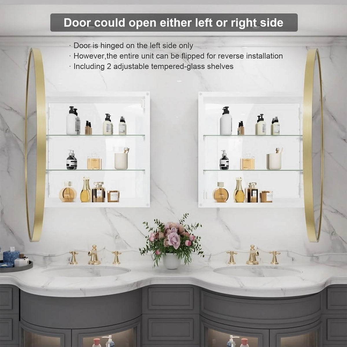 WallBeyond Bathroom Medicine Cabinet with Round Mirror Aluminum Framed 28", Gold