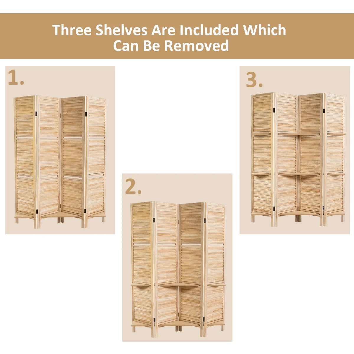 Costway 4 Panel Folding Room Divider Screen W/3 Display Shelves 5.6 Ft Tall