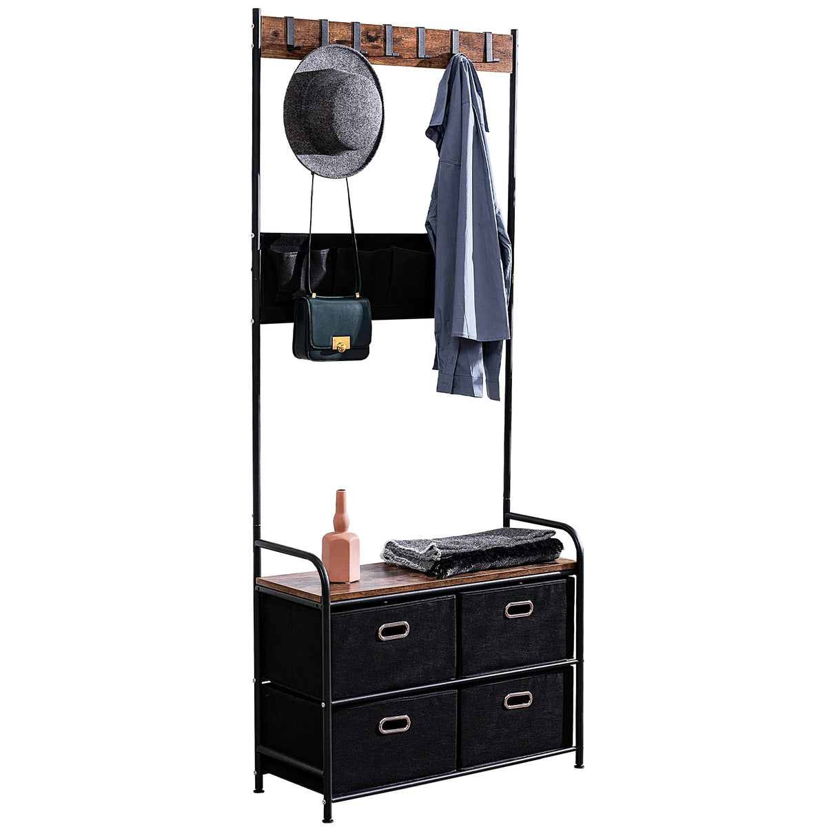 Prime Garden 3-in-1 Hall Tree Coat Rack with Bench for Entryway,Black