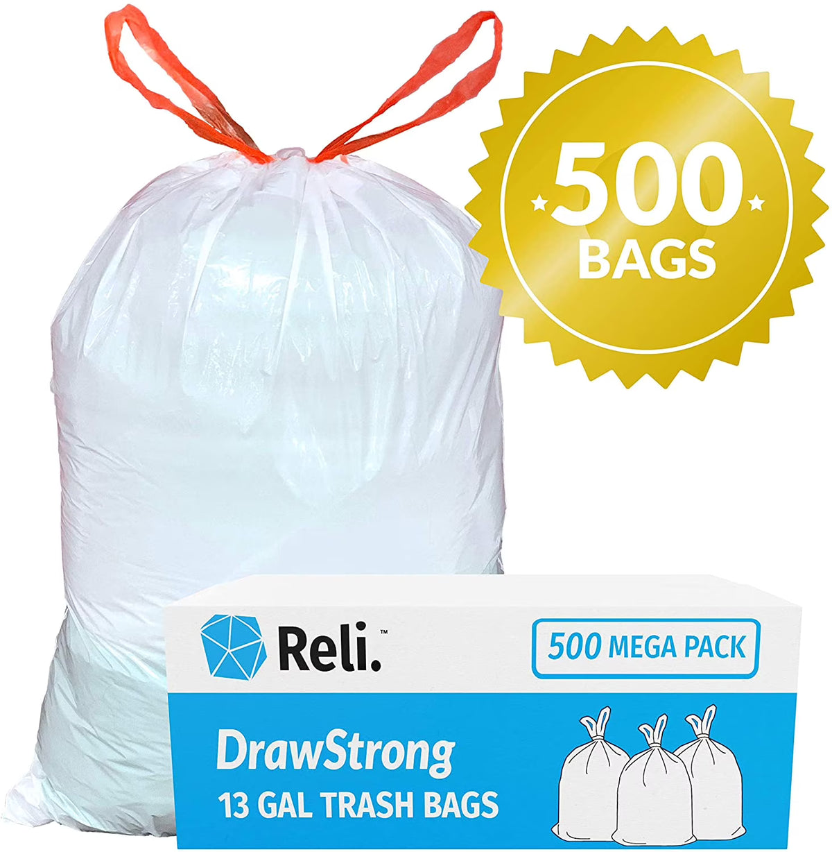 Reli. Tall Kitchen Trash Bags 13 Gallon Drawstring (500 Bags) Tall Kitchen Drawstring Garbage Bags 13 Gallon (White)
