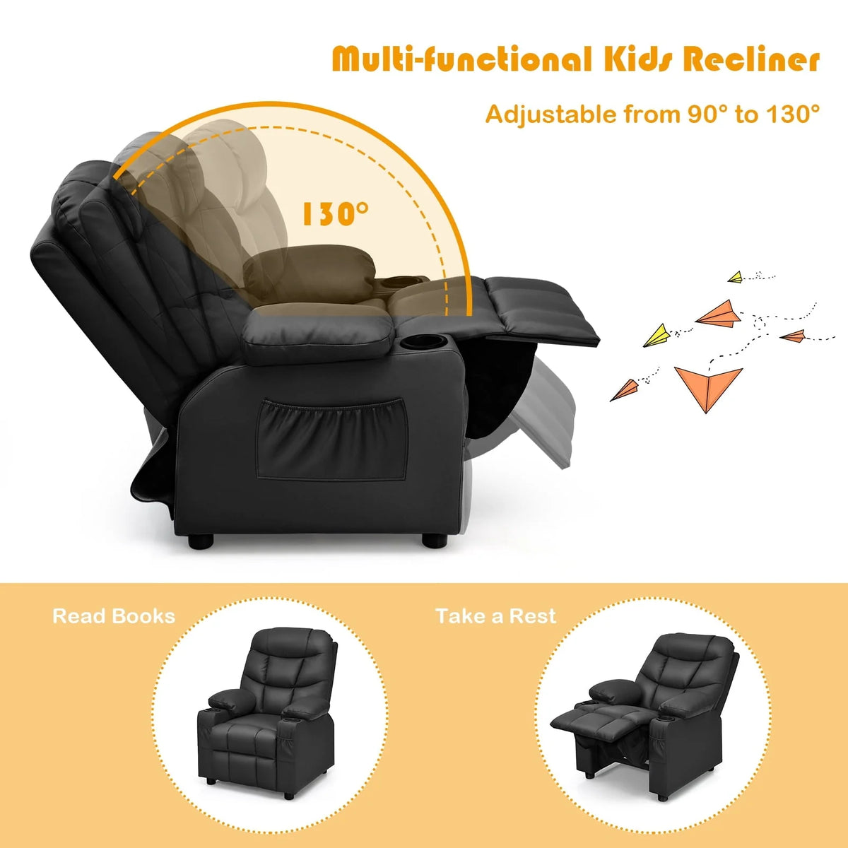 Infans Kids Youth Recliner Chair PU Leather w/Cup Holders & Side Pockets Black