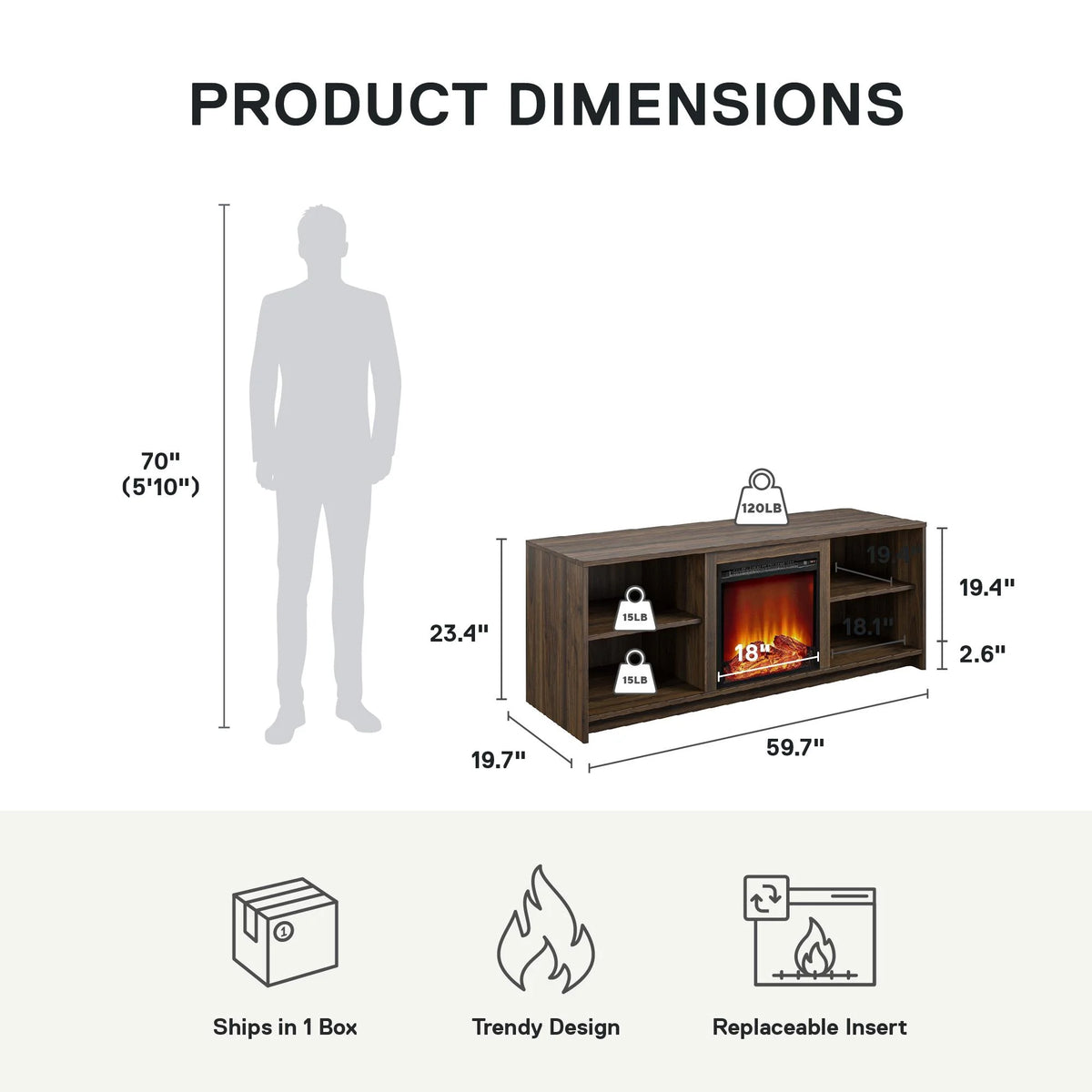 Mainstays Fireplace TV Stand for TVs up to 65", Black Oak