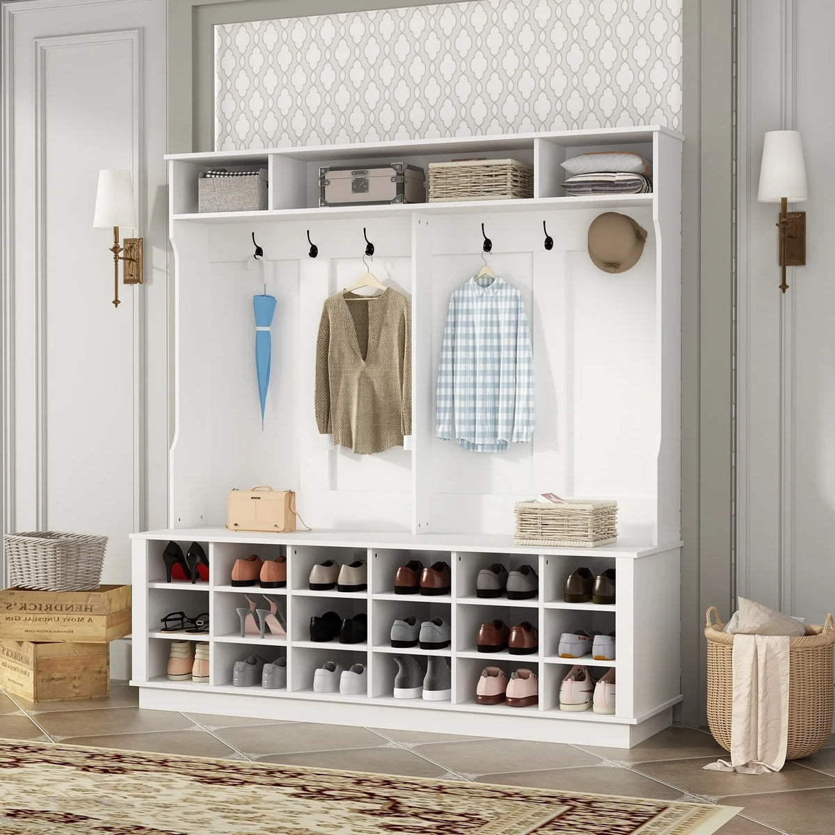 Kerrogee Large Hall Tree for Entryway Coat Rack Shoe Bench with Bottom Storage