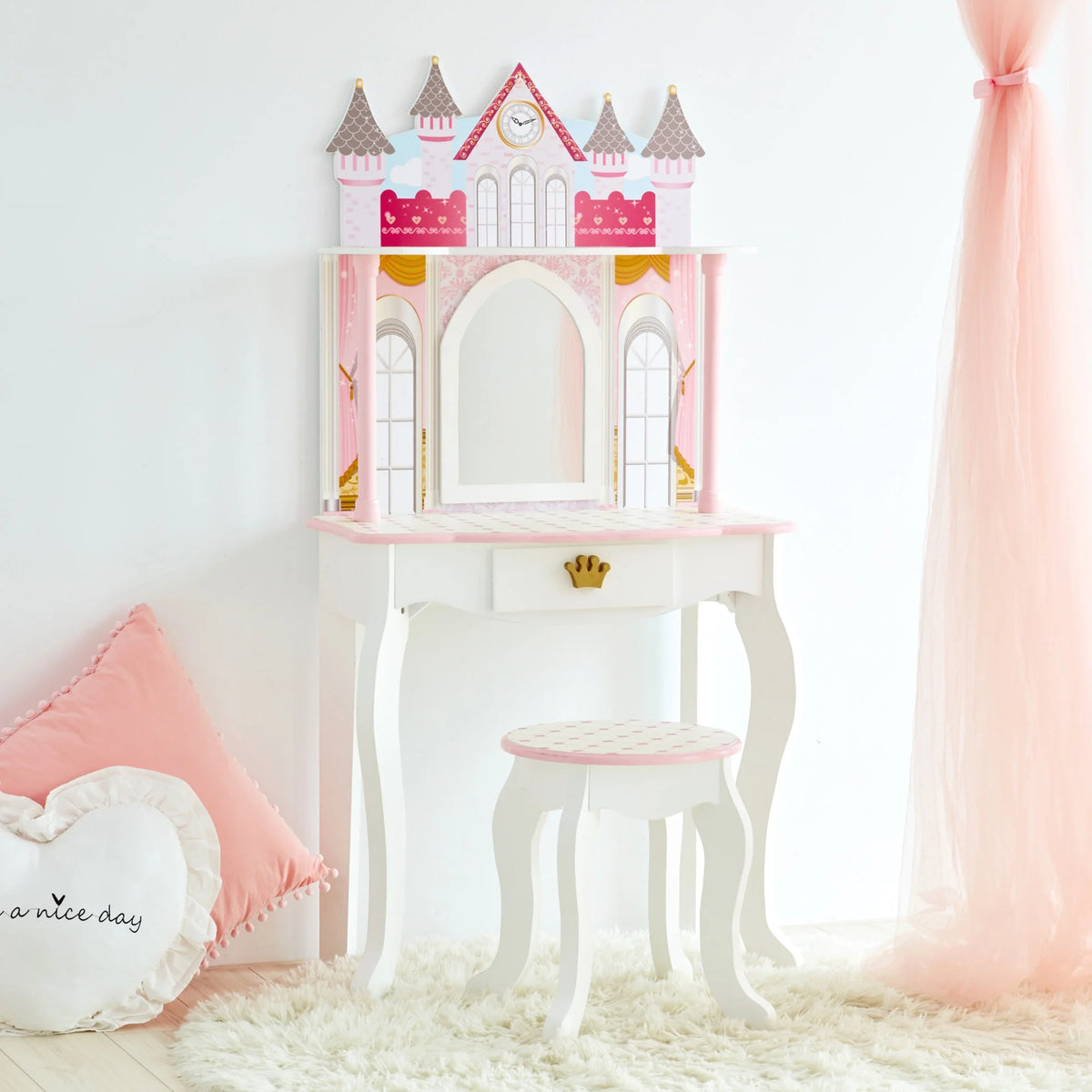 Fantasy Fields Kids Vanity Table and Stool Set with Castle Design, Pink