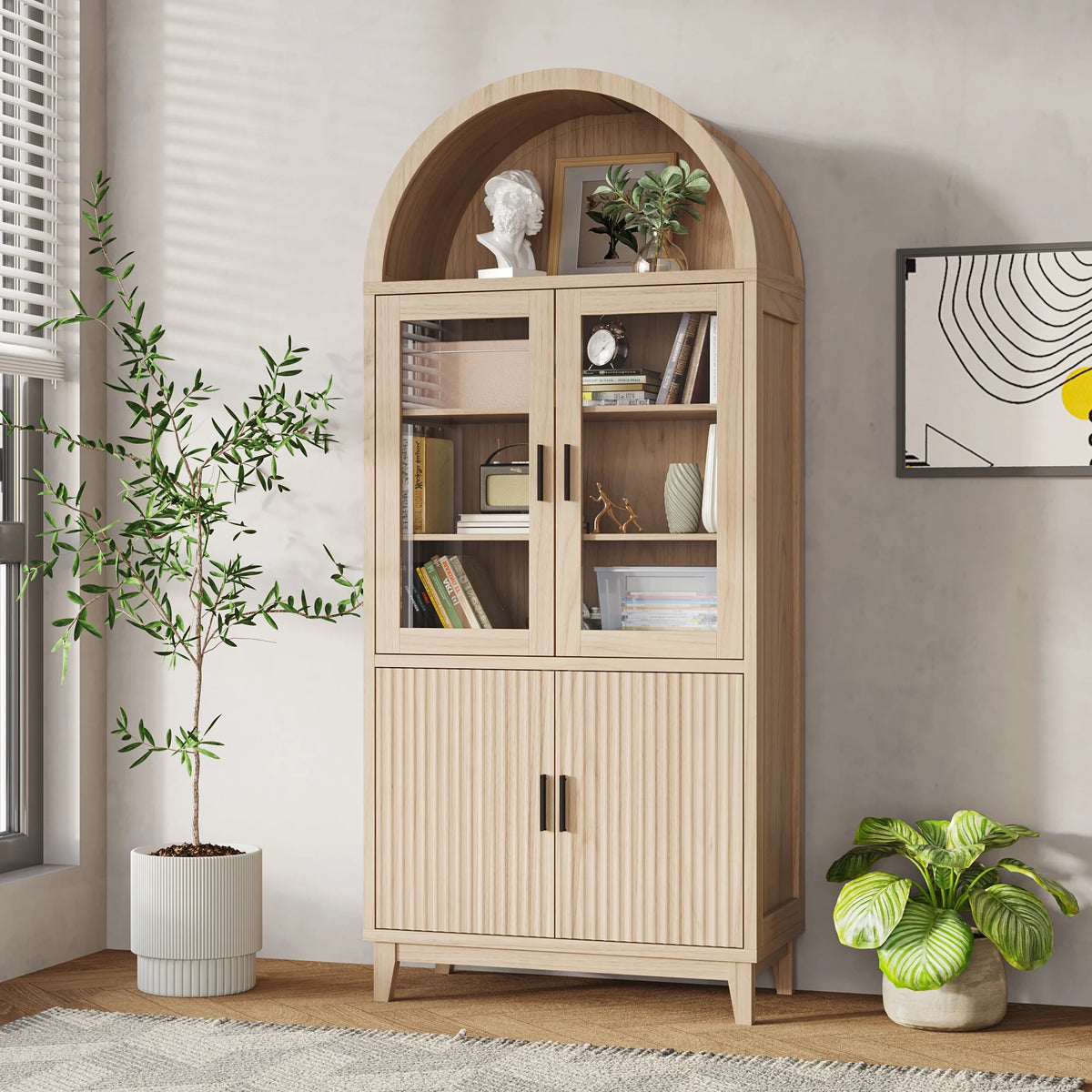 VEANERWOOD 71" Tall Arch Cabinet, Wood Fluted Kitchen Kitchen Storage Cabinet with 4 Doors and 6 Shelves for Dining Room Living Room