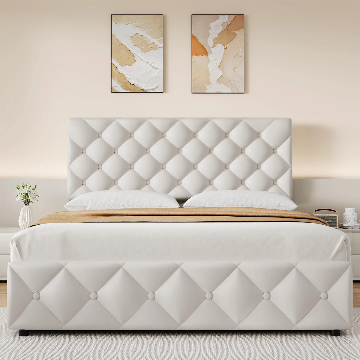 TROPOW Full Size Bed Frame,with 4 Storage Drawers and Adjustable Headboard, Linen Upholstered Platform Bed Frame, Diamond Stitched Button Tufted, No Box Spring Needed,White