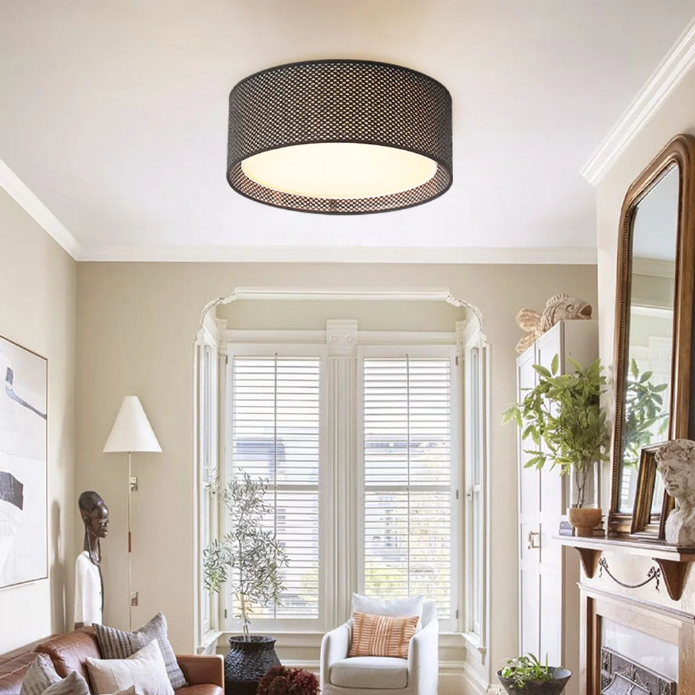 LEDET 15.7 in. Yellow Flush Mount Ceiling Light Rattan Weaving Shade Home Decor Pendant Lighting