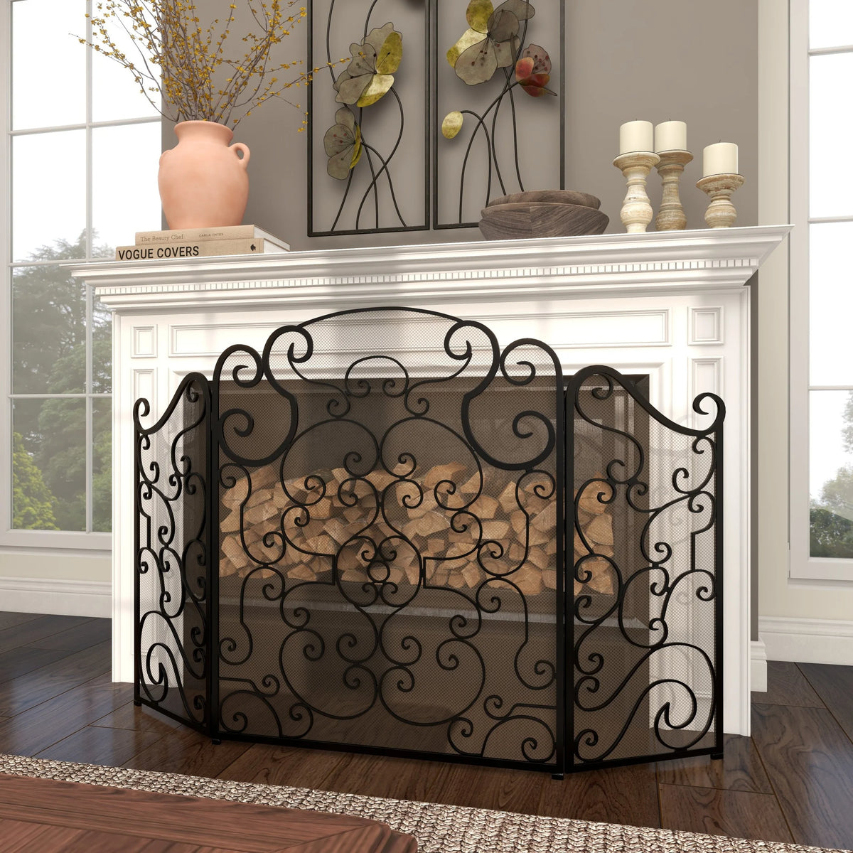 DecMode Black Traditional Metal 3 Panel Foldable Fireplace Screen with Mesh Netting and Scroll Pattens, 52"W x 35"H