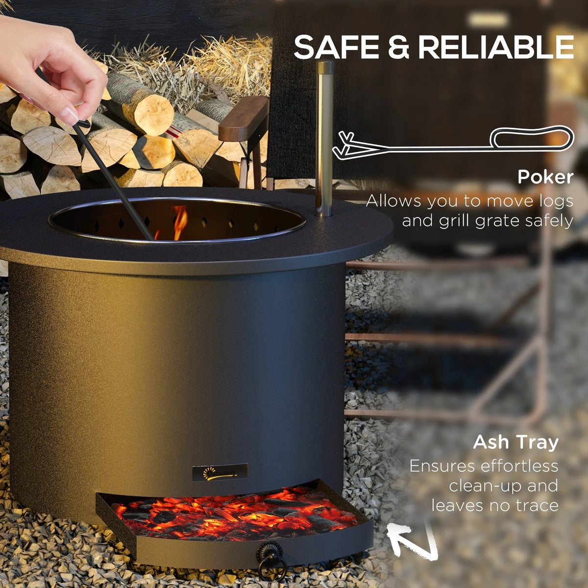 Outsunny 25" Smokeless Fire Pit, 2-in-1 Stainless Steel Firepit with Grill, Portable Wood Burning Fireplace with Poker and Ash Tray, Black