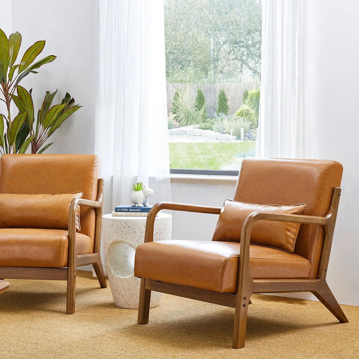 Glitzhome Mid Century Solid Wood Frame Accent Chair Modern Leather Lazy Chair