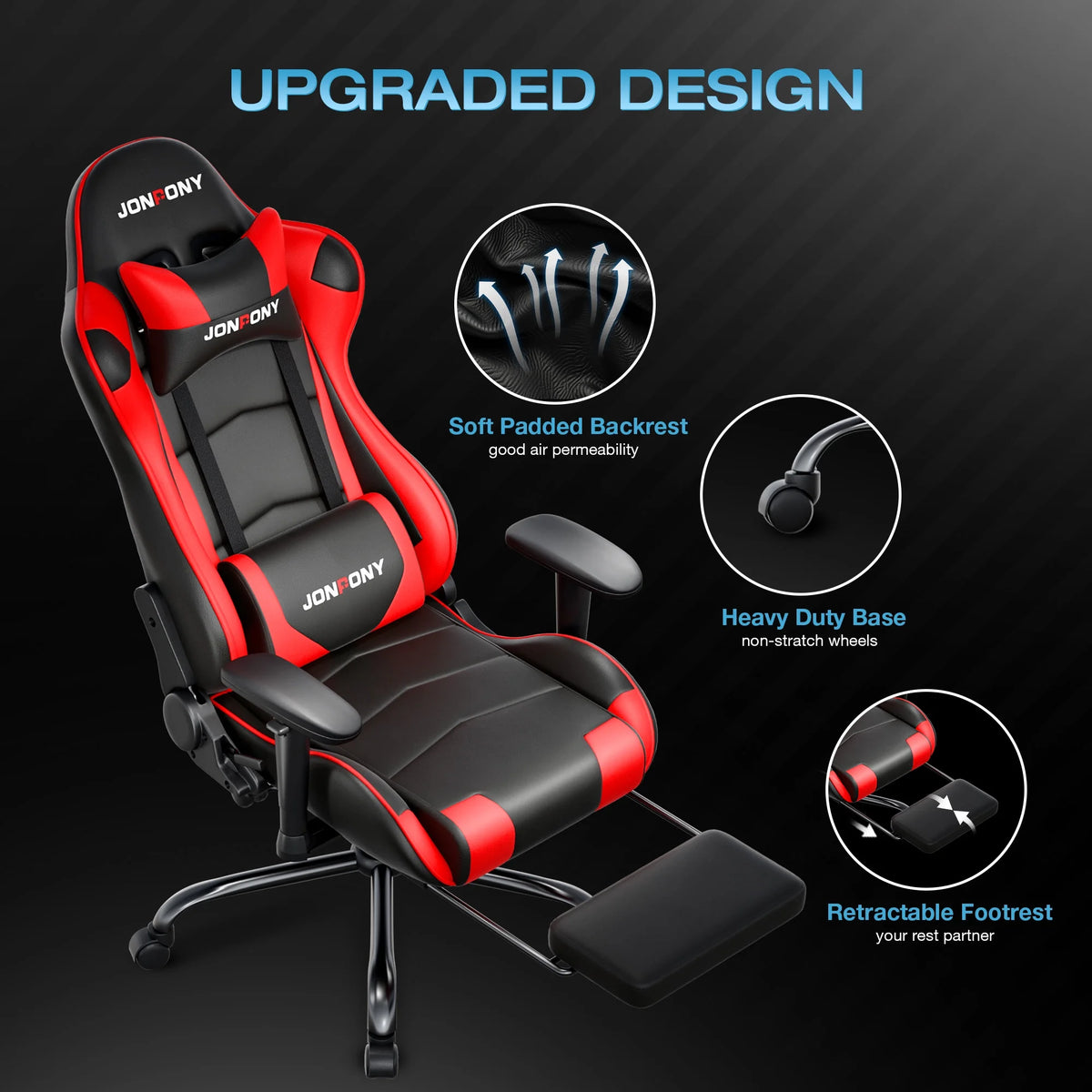 JONPONY Big and Tall 500LBS Gaming Chair, Ergonomic Design, Gamer Chair PU Leather with Footrest and Lumbar Support, High Back Office Chair Support 8 Hours Long Sitting,Red Computer Chair,Red