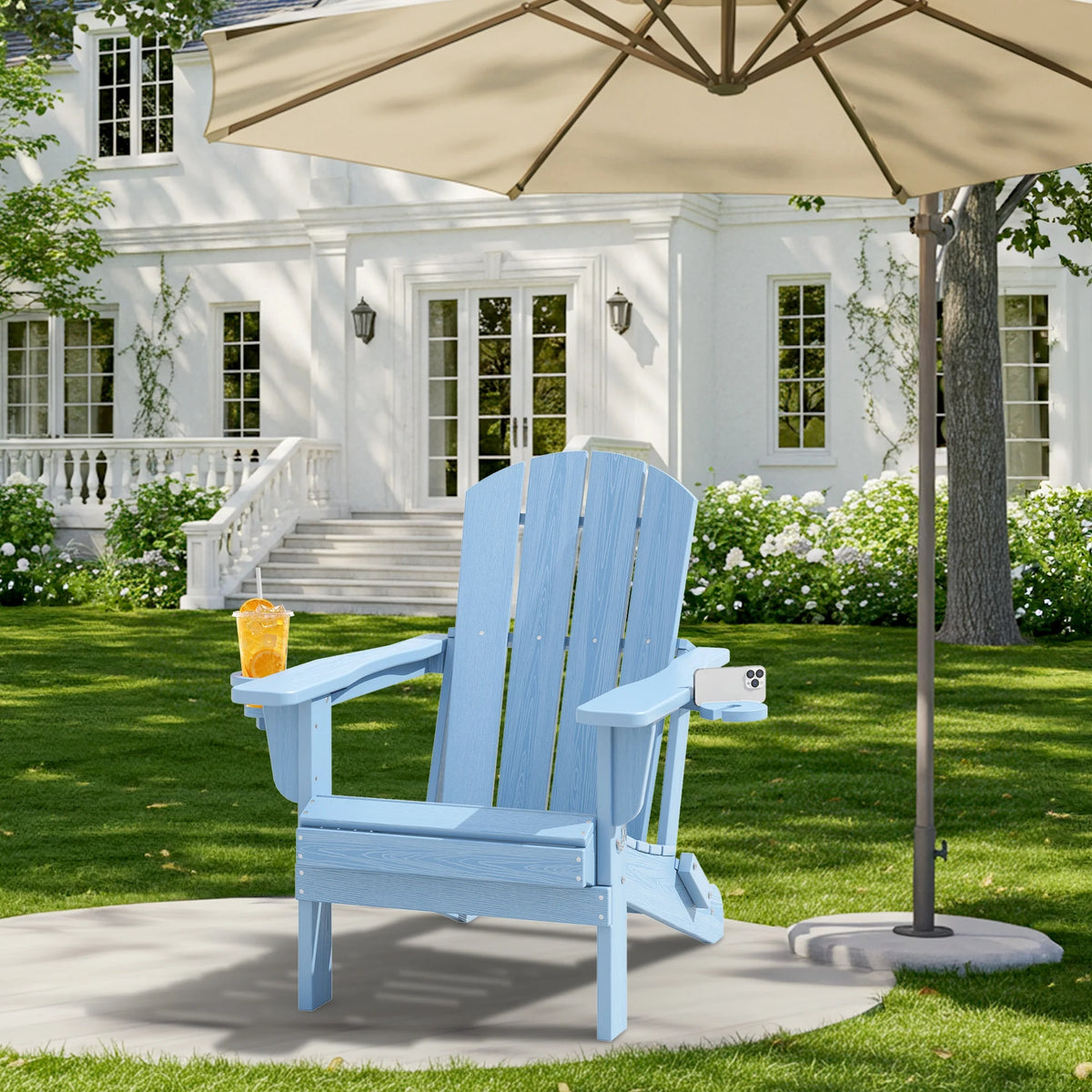 SERWALL Folding Adirondack Chair Set with Dual Cup Holders & Phone Holder, All-Weather HDPE Fire Pit Chairs for Outdoor, Patio, Poolside, Garden - Black