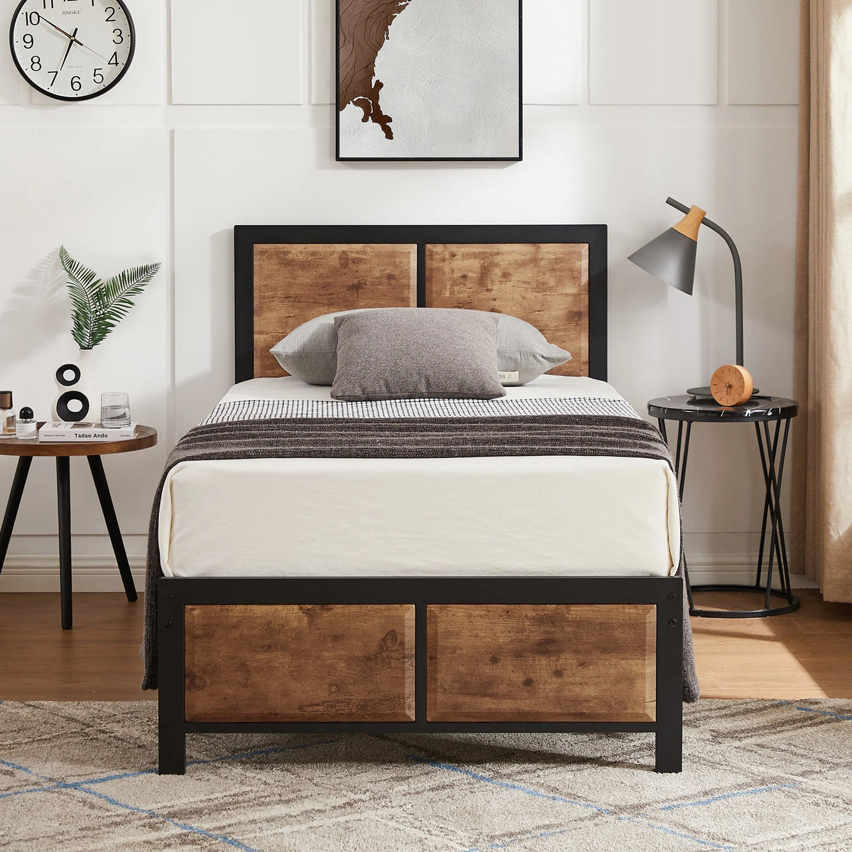 VECELO 3-Piece Bedroom Set with Twin Size Bed Frame and 1-Drawer Black Nightstands
