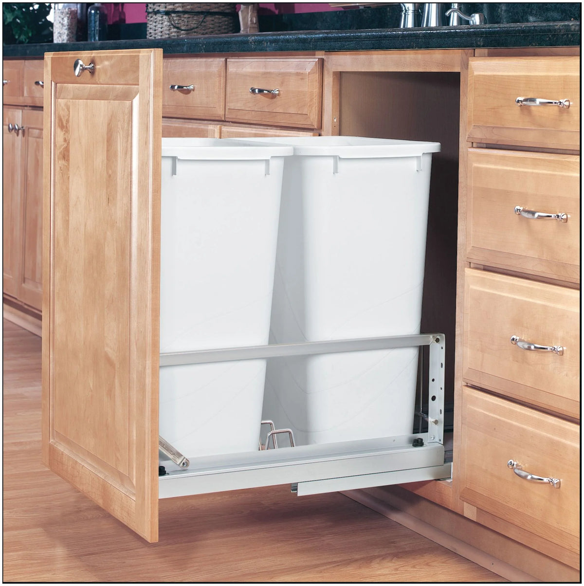 Rev-A-Shelf Double 50 Quart Pullout Cabinet Waste Container Trash Can, Gray
