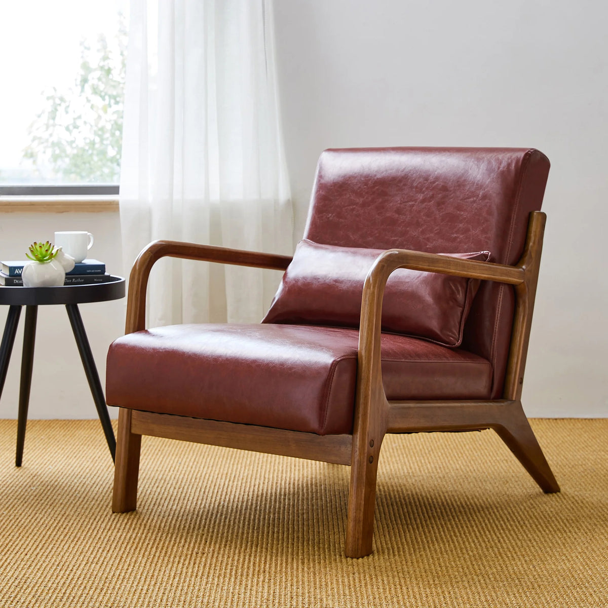 Glitzhome Mid Century Solid Wood Frame Accent Chair Modern Leather Lazy Chair