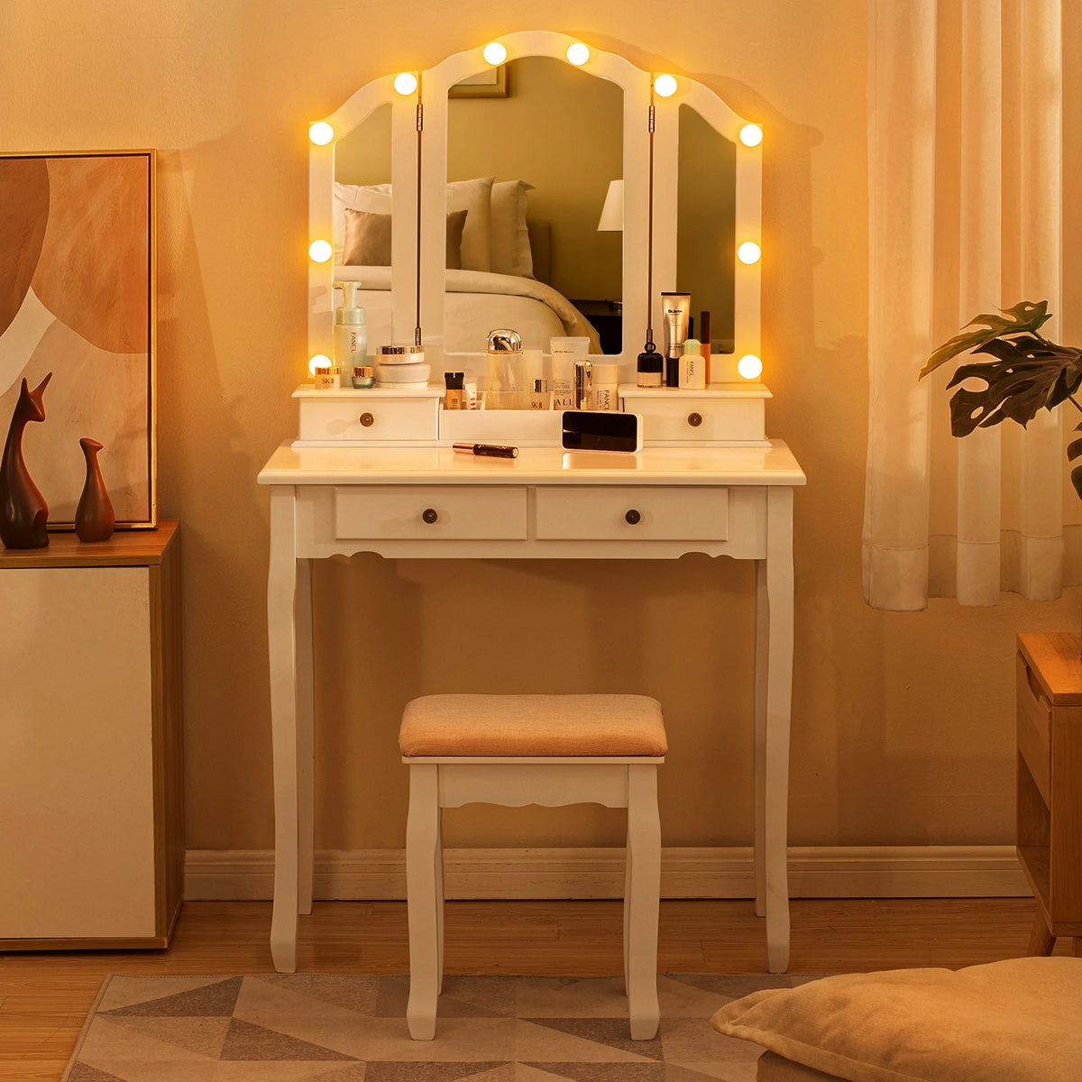 LilyFantasy Makeup Vanity with Lights, Vanity Desk with Cushioned Stool, Tri-fold Vanity Table Set with 4 Drawers, 3 Adjustable Light Modes, 2 Brush Slots, 2 Open Compartments for Girls, Women, White