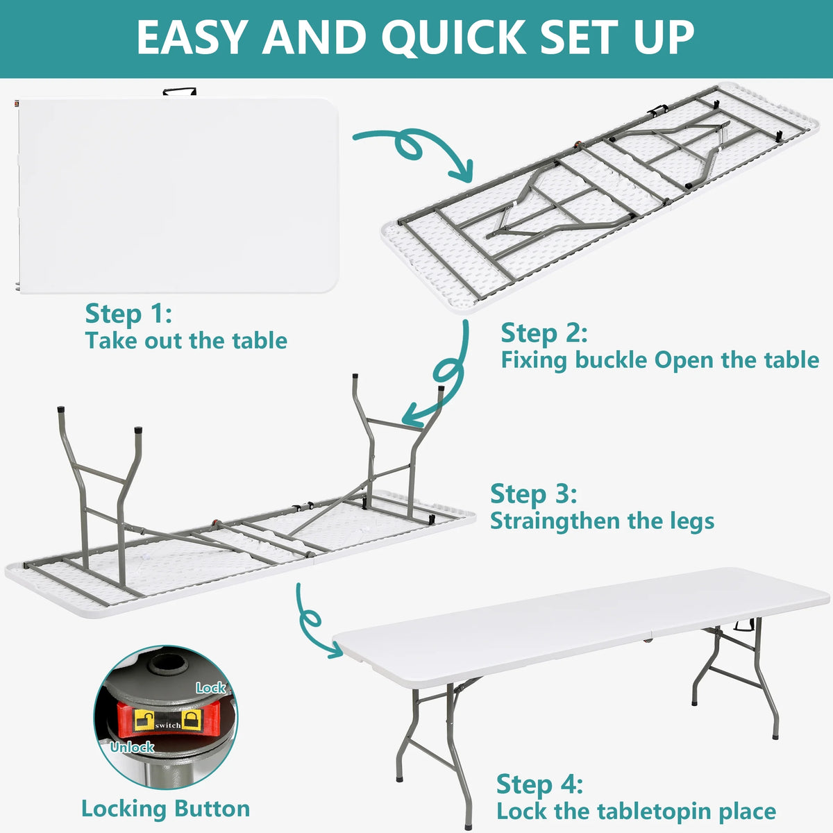 Harigal 8ft Folding Table Portable Fold-in-Half Design with Handle, Large Folding Table for Indoor Outdoor Events, Black