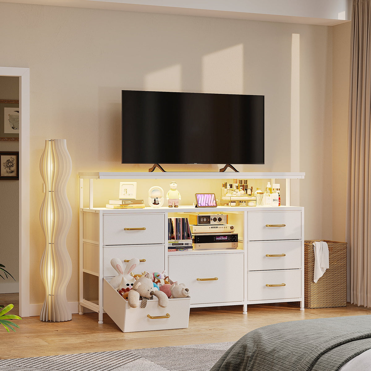 EnHomee Dressers for bedroom TV Stand with Power Outlets &LED Lights Wide Dresser with 10 Drawers&Side Pockets & Hook Fabric Chest of Drawers,Black