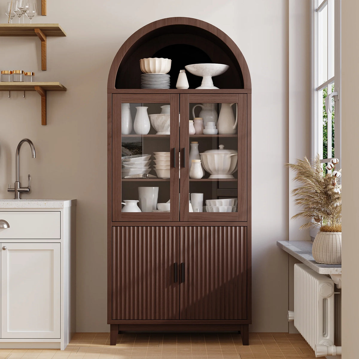 VEANERWOOD 71" Tall Arch Cabinet, Wood Fluted Kitchen Kitchen Storage Cabinet with 4 Doors and 6 Shelves for Dining Room Living Room