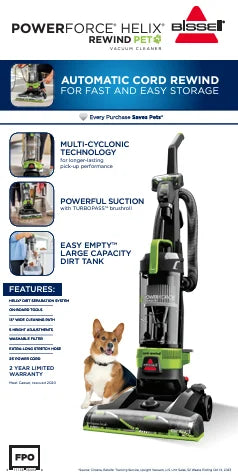 BISSELL PowerForce Helix Turbo Rewind Pet, Upright Vacuum, Pet Friendly, Automatic Cord Rewind, Powerful Pet Hair Pickup, Extra-Wide Cleaning Path, 3333, Black & Green