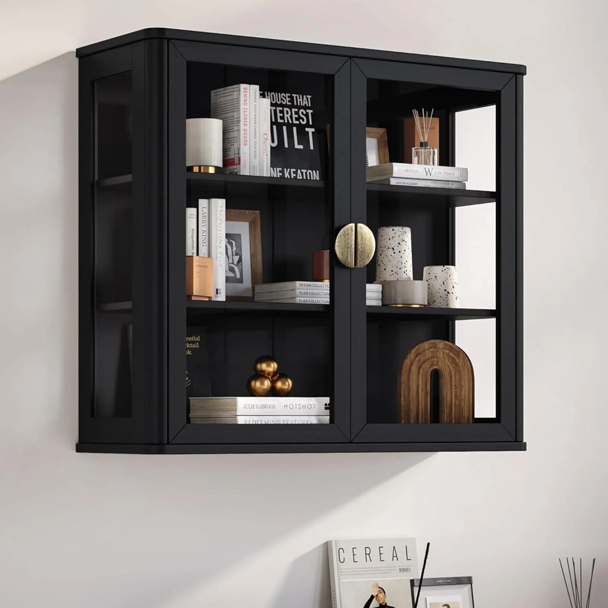 POLIHOME Display Wall Cabinet with Tempered Glass Doors��Storage Cabinet with Adjustable Shelves