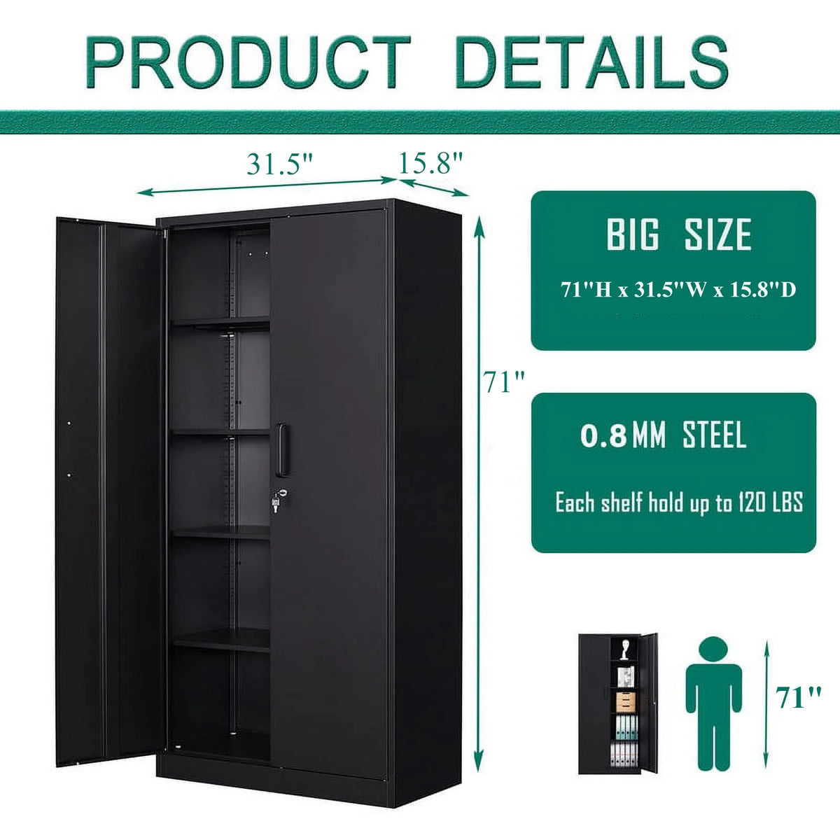 MIIIKO Metal Storage Cabinet 71" Locking Metal Storage Cabinet with 5 Adjustable Shelves, Black Metal Cabinet with 2 Doors and Lock for Office, Garage, Home