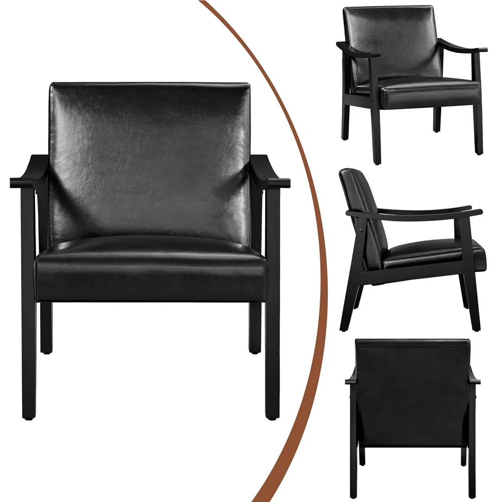 Yaheetech Mid-Century Upholstered Faux Leather Armchair with Solid Wood Legs,Brown