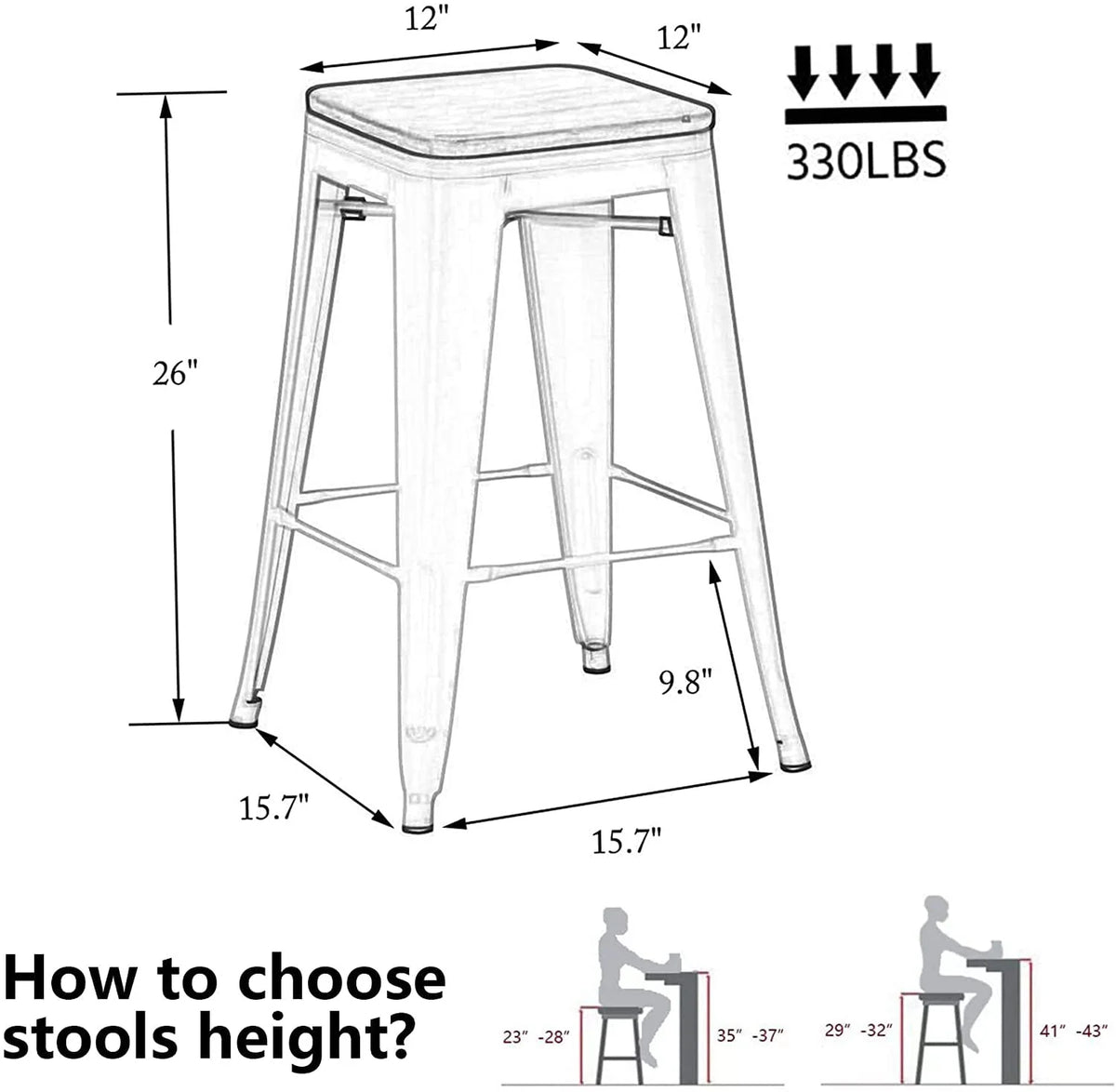 Andeworld 26" Set of 4 Metal Bar Stools  Stackable Counter Height Barstools Wood Seat Backless Rustic Kitchen Bar Chairs (Black)