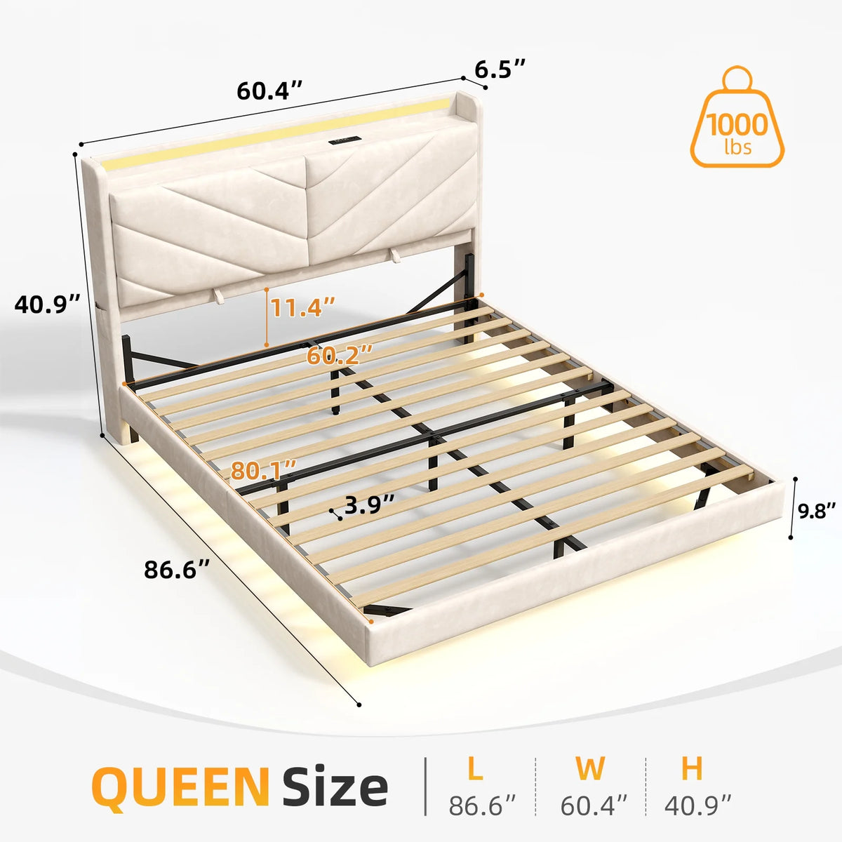 Cocosity Floating LED Upholstered Platform Queen Size Bed Frame with Ergonomic & Adjustable Storage Headboard, White