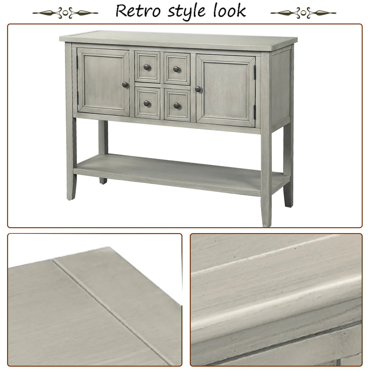 Buffet Sideboard, 46" Dining Room Console Table with 4 Storage Drawers, 2 Cabinets, 1 Bottom Shelf, Antique Grey, Q3687