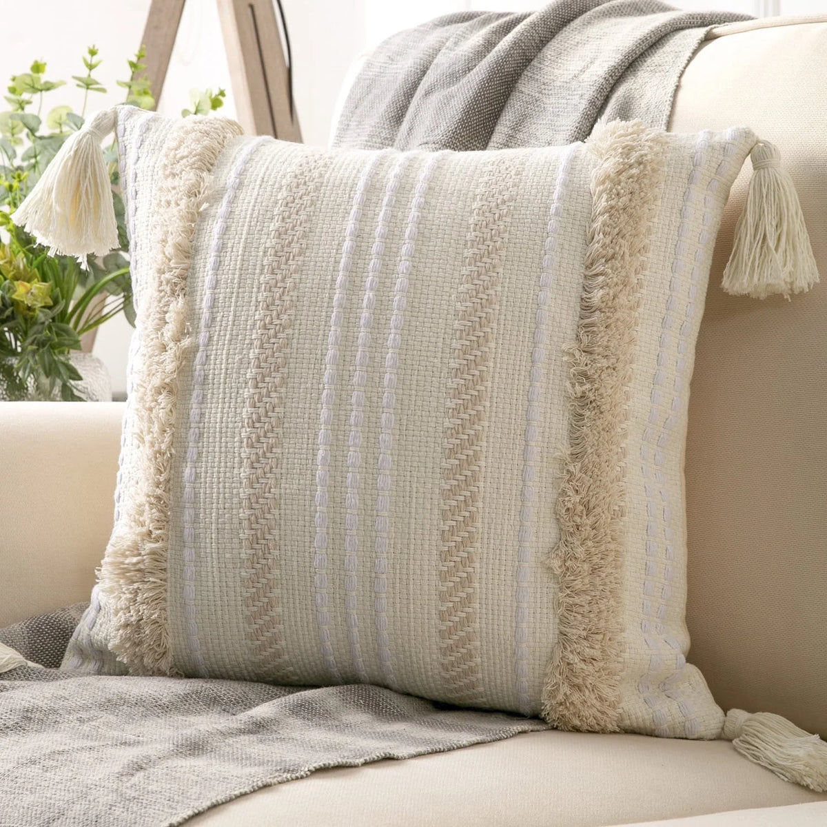 Phantoscope Boho Woven Tufted with Tassel Series Decorative Throw Pillow, 18" x 18", Cream White Stripe, 1 Pack