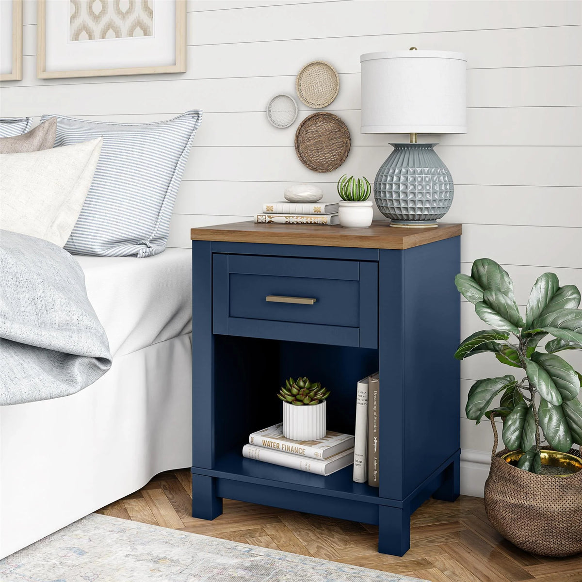 Ameriwood Home Josiah Nightstand, Navy with Walnut top