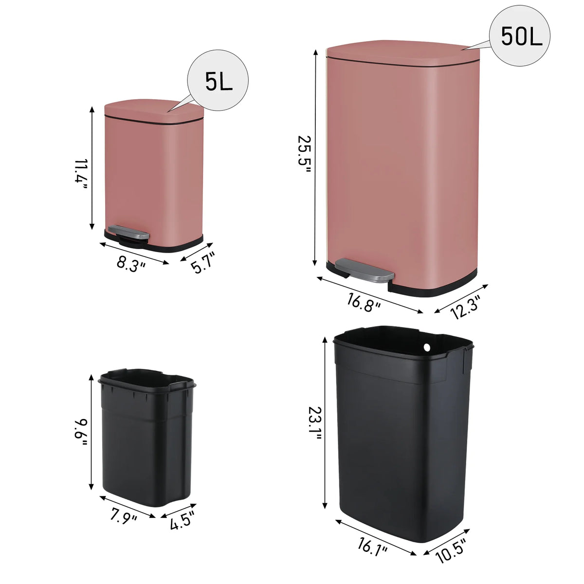 LAZY BUDDY 13.2 Gallon Stainless Steel Kitchen Trash Can with 1.3 Gallon Mini Trash Can, Rectangular Step Garbage Can with Lid