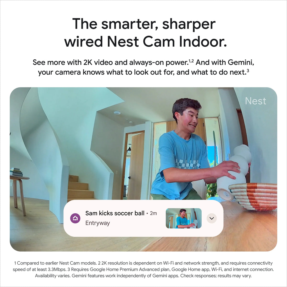 Google Nest Cam Indoor (Wired, 3rd Gen) - Indoor Security Camera with 2K Video - Works with Google Home - With Gemini - Berry