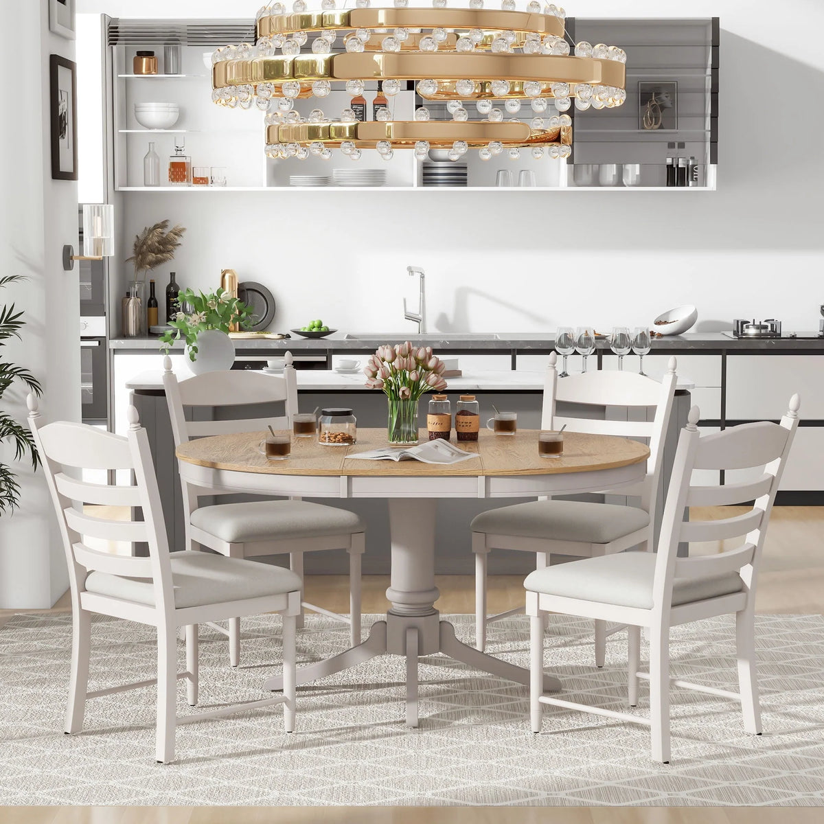 5 Piece Round Dining Table Set, Dining Room Set with Extendable Table and 4 Upholstered Chairs, Wood Dining Table Set for 4, Farmhouse Dining Table Set for Kitchen Dining Room Dorm Apartment, Brown