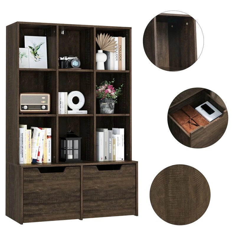 Homfa Modern Cube Bookcase, 9-Cube Storage Cabinet Display Shelf with 2 Mobile Drawers, White Finish