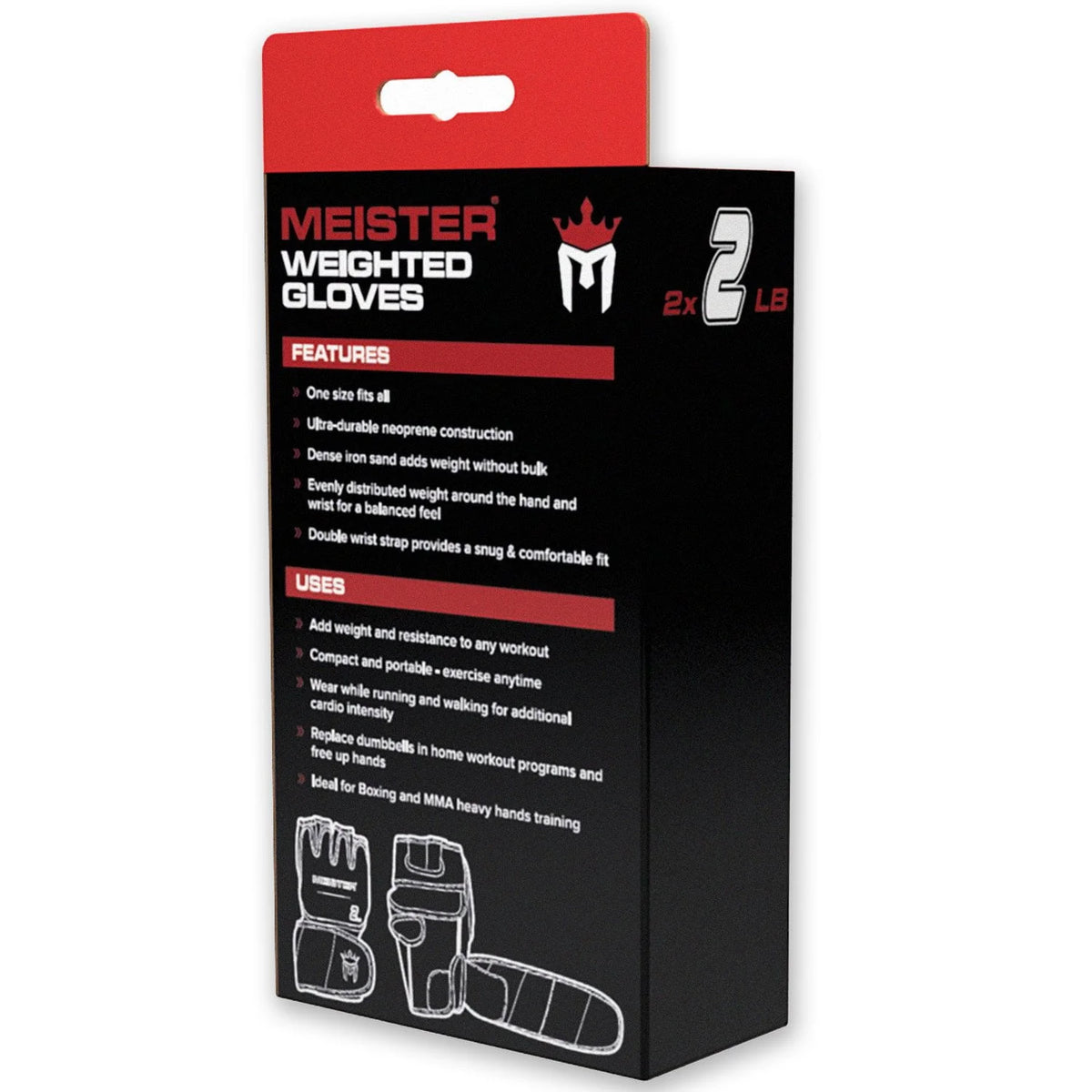 Meister 2 Pound Neoprene Weighted Gloves for Cardio & Heavy Hands (Pair) - 2lb x 2 - Black/Red