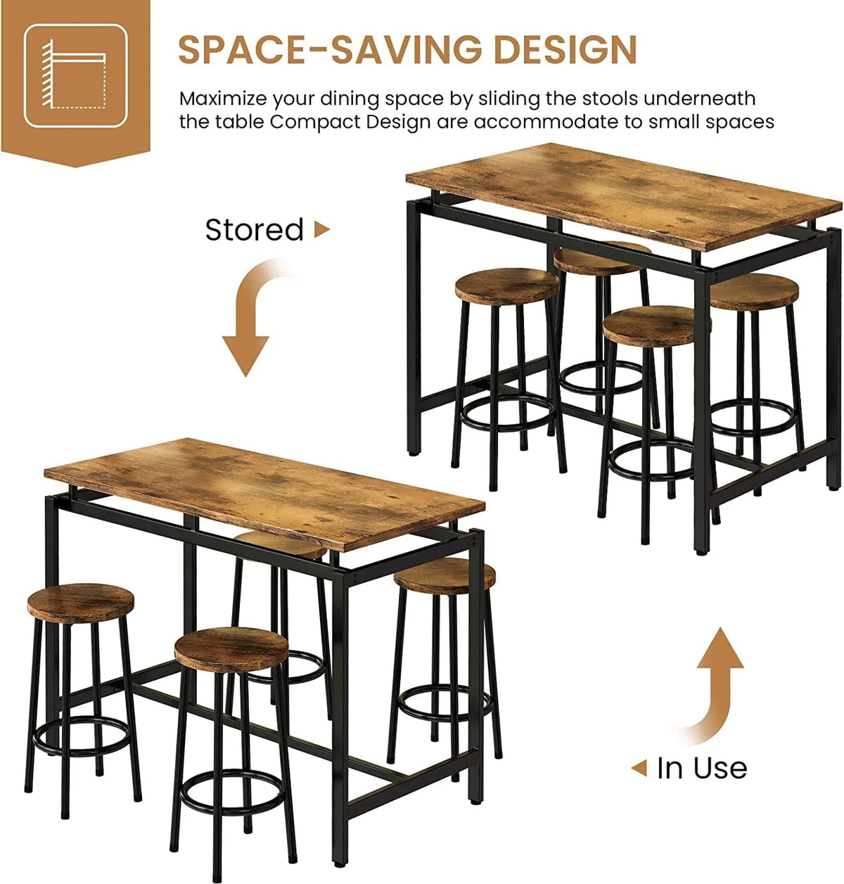 Recaceik Bar Dining Table Set for 4, Kitchen Bistro Table 34.6"H with 4 Round Stools
