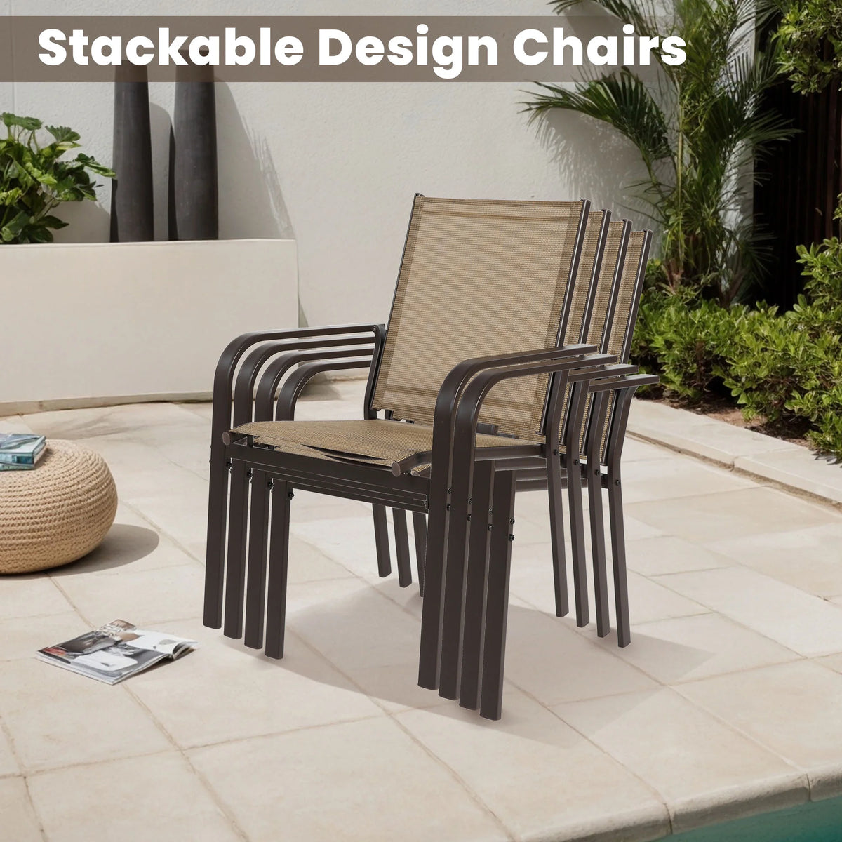 Seizeen 7-Piece Outdoor Table and Chairs, Patio Table Set with 6 Rattan Chairs, All-weather Outdoor Patio Dining Sets Rectangular Metal Table with Acacia Wood Top, Umbrella Hole, Gray