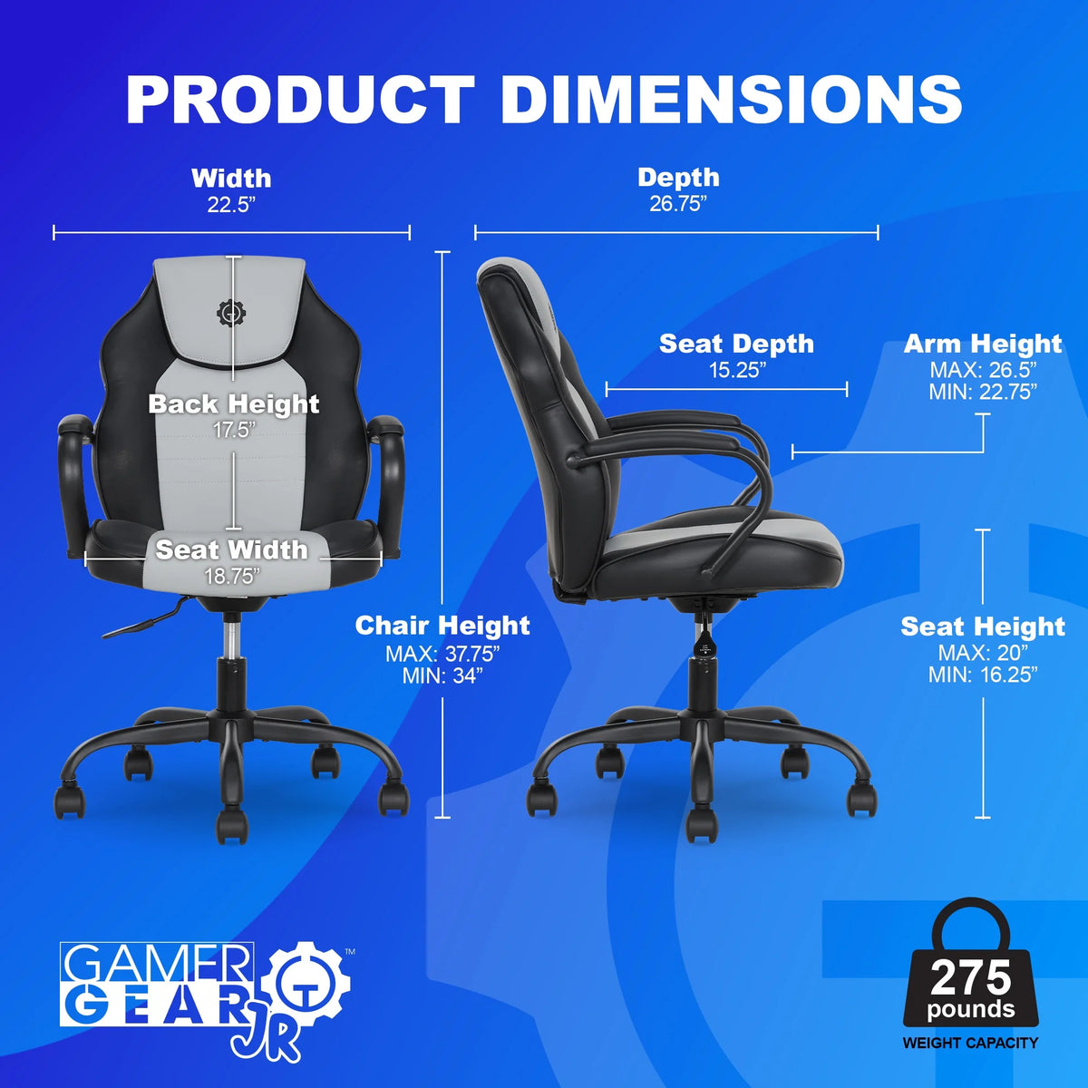 Gamer Gear Jr. Xplorer Gaming and Computer Chair, Kids and Teens Gaming Chair with Padded Arms, Adjustable Height, White and Black