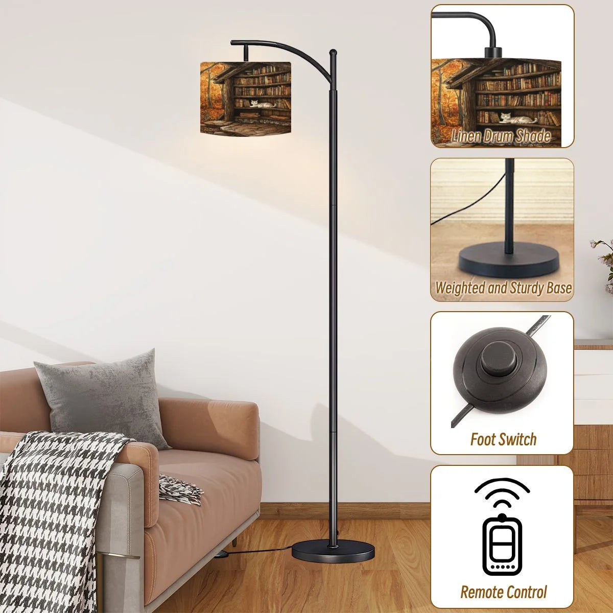 Arc Floor Lamps Surreal Bookshelf Dreamlike Sky Art Print Modern LED Adjustable Lampshade Standing Light for Living Room Reading Bedroom Office