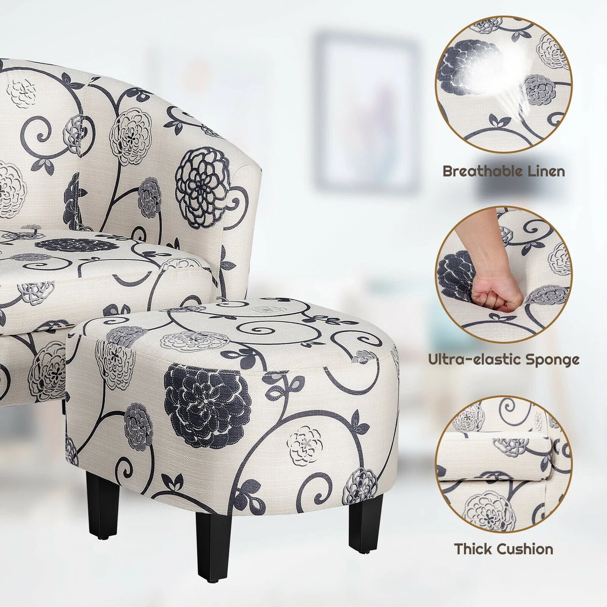 Gymax Modern Accent Tub Chair&Ottoman Set Fabric Upholstered Club Chair Grey Floral