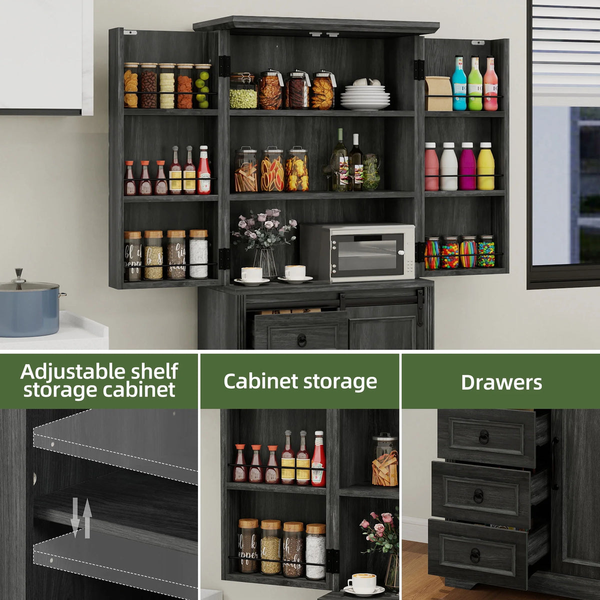 Uforic Pantry Storage Cabinet with Doors & Drawers, Kitchen Cabinet with Shelves, White