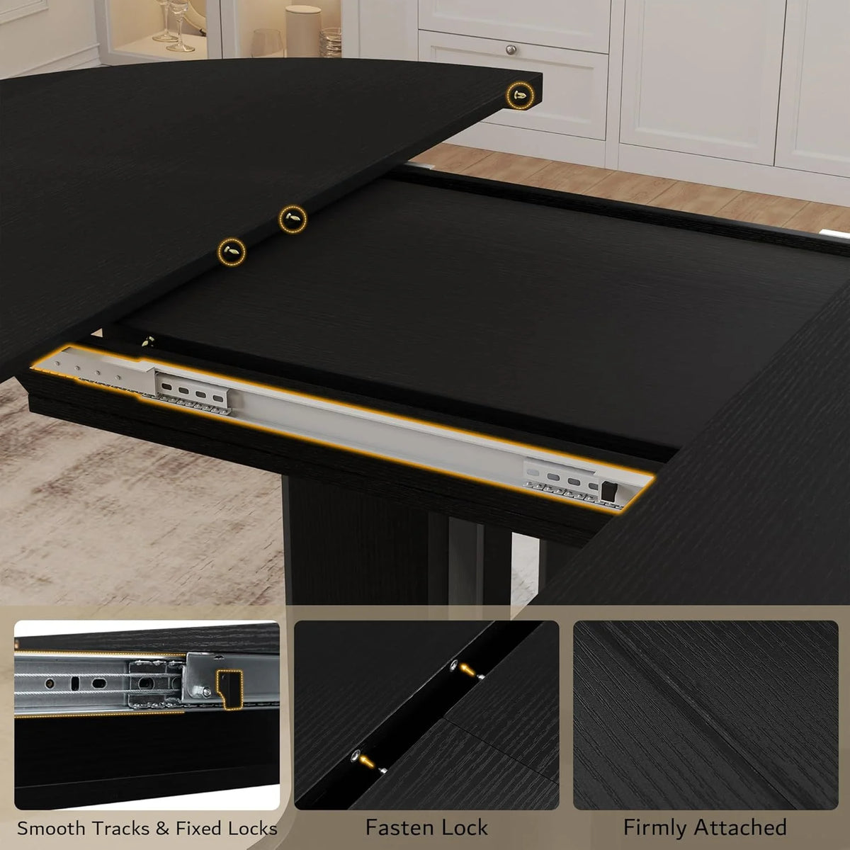 iPormis 59" Extendable Round Dining Table for 6, Modern Kitchen Table with Sturdy Wooden Base, Dining Room Table with Thickened MDF Board, Perfect for Small Space, Black