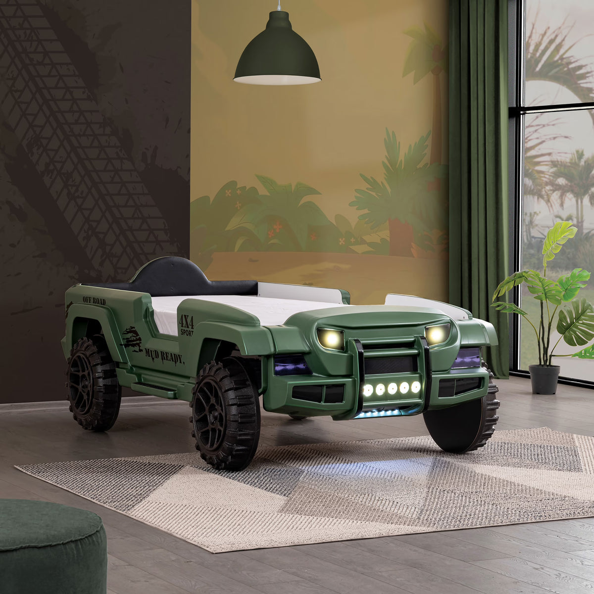 Furniture of America Terra Kids Plastic Twin SUV Bed with LED and Sound, Black